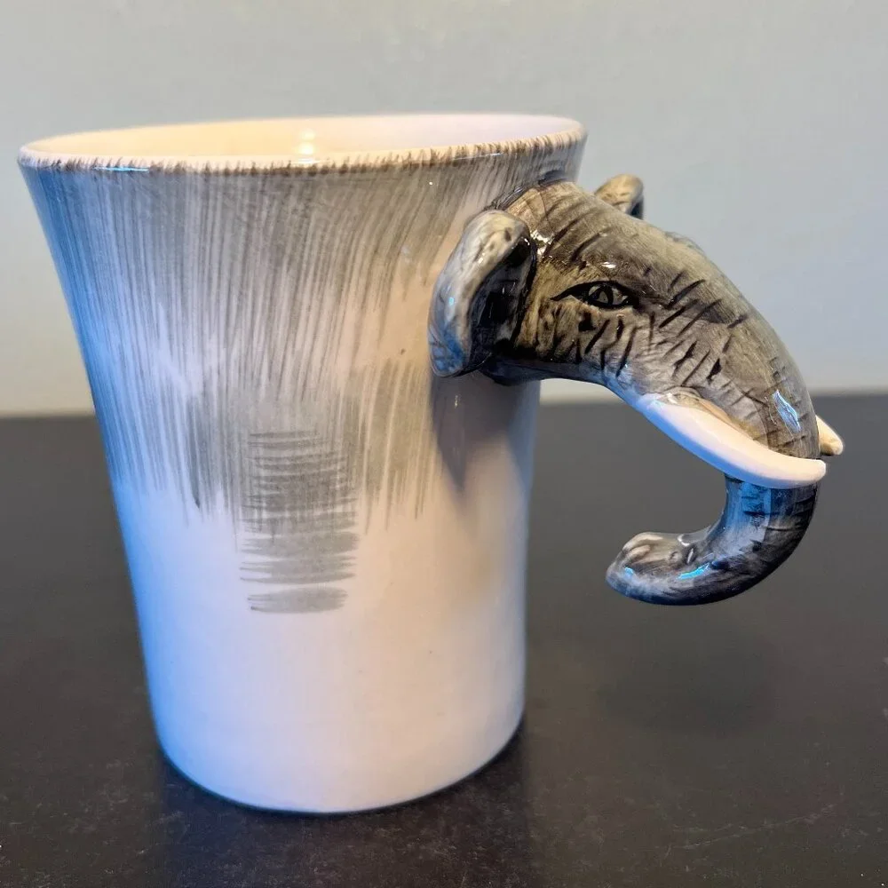 PIER 1 IMPORTS 3-D Hand Painted Stoneware Elephant Mug Cup Elephant Head Handle